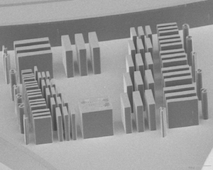 SEM-image of photoresist test-pattern with excellent vertical sidewalls and high aspect ratio.